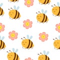 Seamless pattern with bees and pink flowers. Simple flat cartoon style. Cute and funny. Summer and spring. Easter holiday decorati